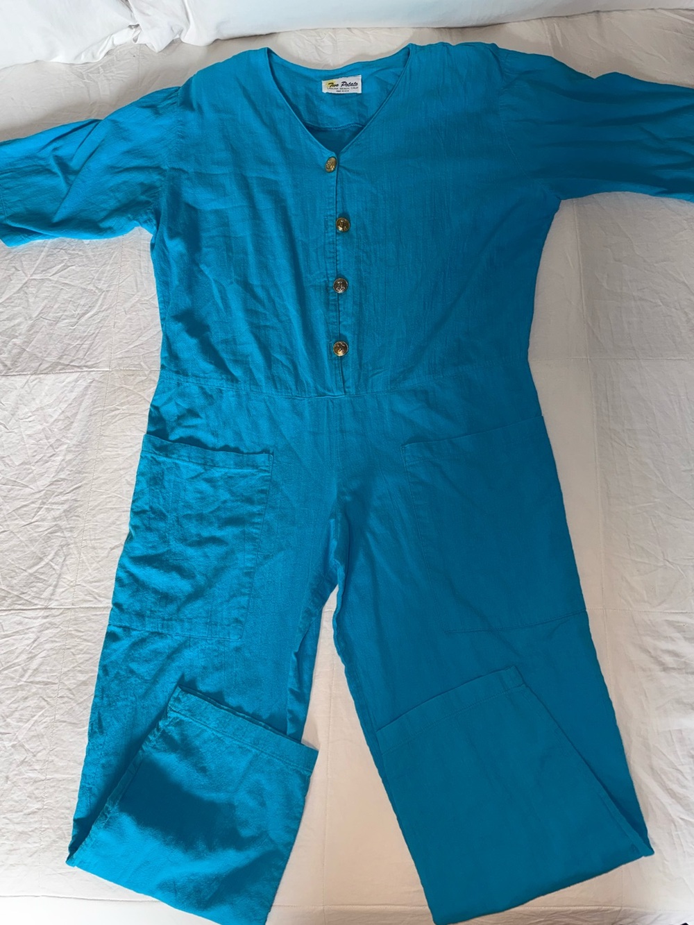 Two Potato Laguna Beach California Blue Jumpsuit With Gold Button Accents
